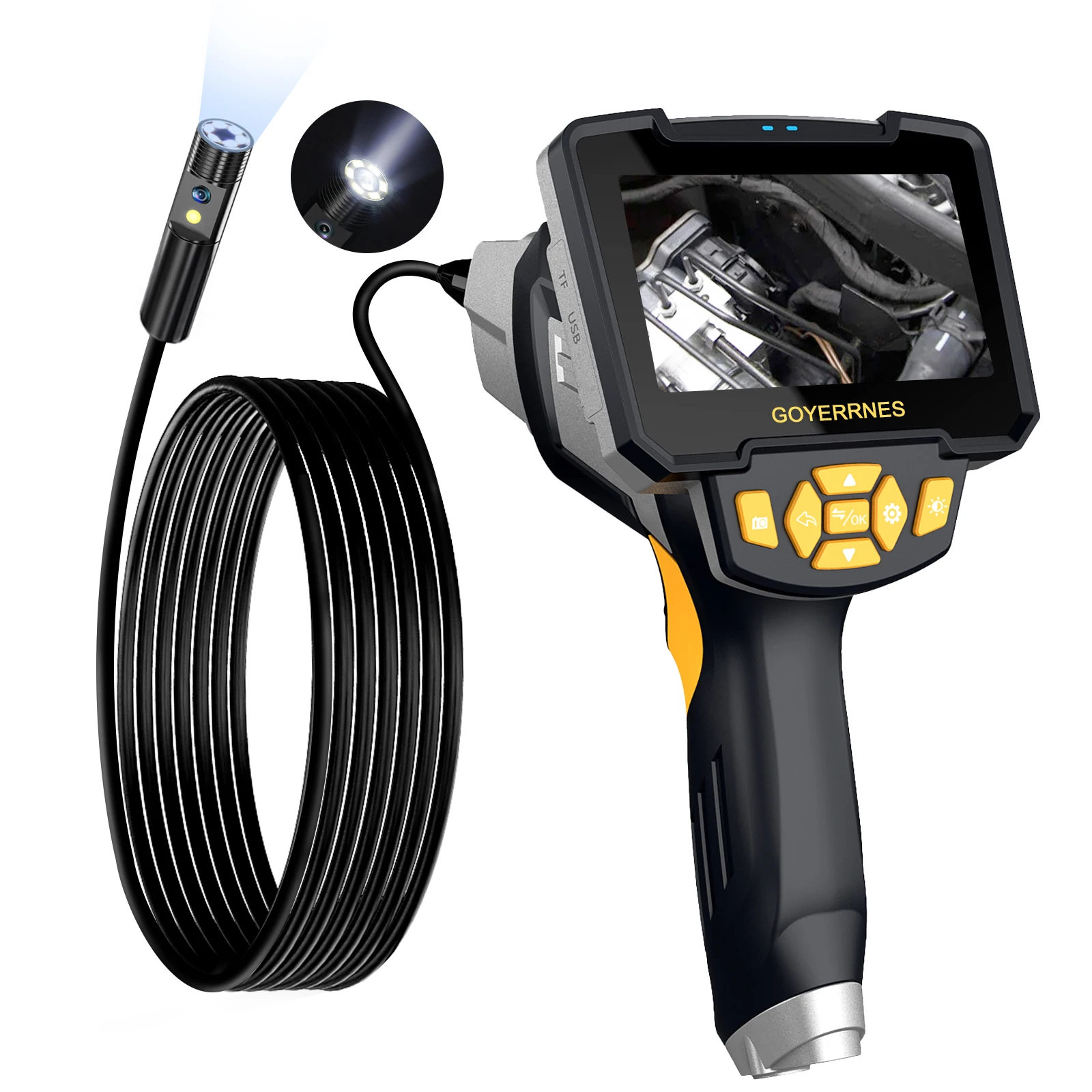 Dual Lens Industrial Endoscope Inspection Camera Handheld Digital Borescope with Flashlight 4.3inch LCD Screen 8mm IP67