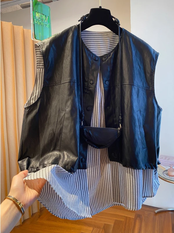 

Жилет из искусственной кожи Old Money Sle Jaet, женский осенний новый дизайн, лоскутный полосатый жилет с верхней пуговицей, круглый Ne Single ...