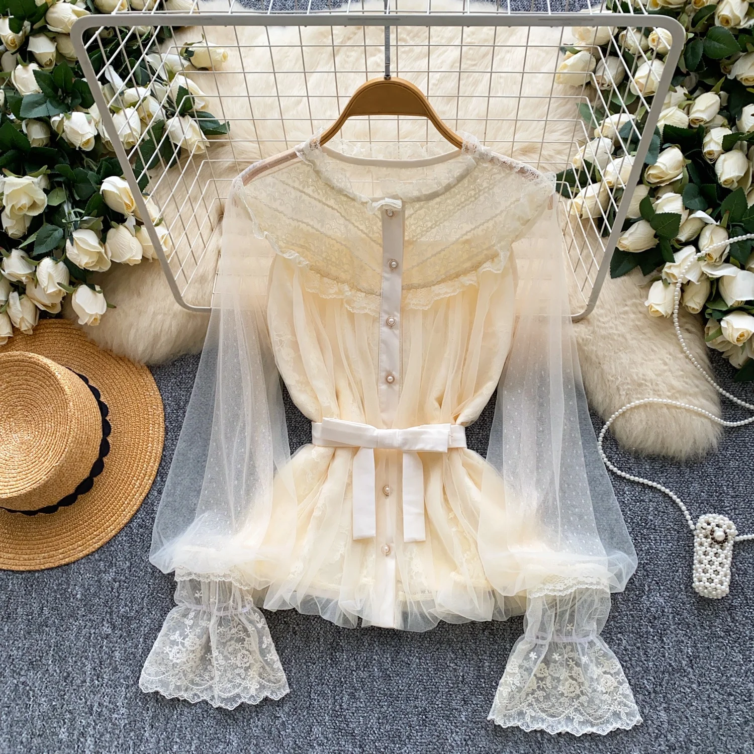 

Clothland Women Vintage Lace Blouse Ruffled Collar Flare Sleeve Shirt Female Fashion Casual White Black Tops Blusa LB377