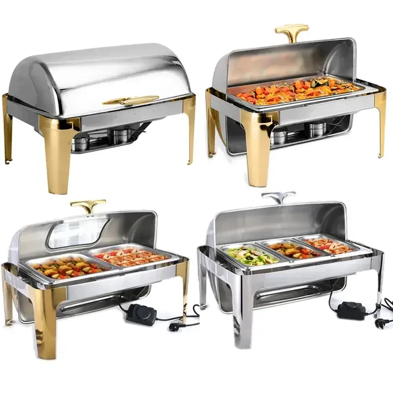 Hotel catering Round hot pot Gold stainless steel hot pot Buffet Hydraulic glass cover Food warmer Hot pot