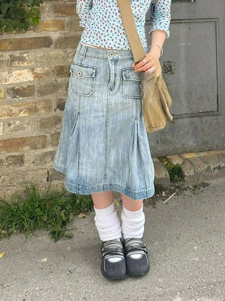 

Retro Washed Pleated Denim Skirt Children's Summer Old Versatile and Thin Skirt