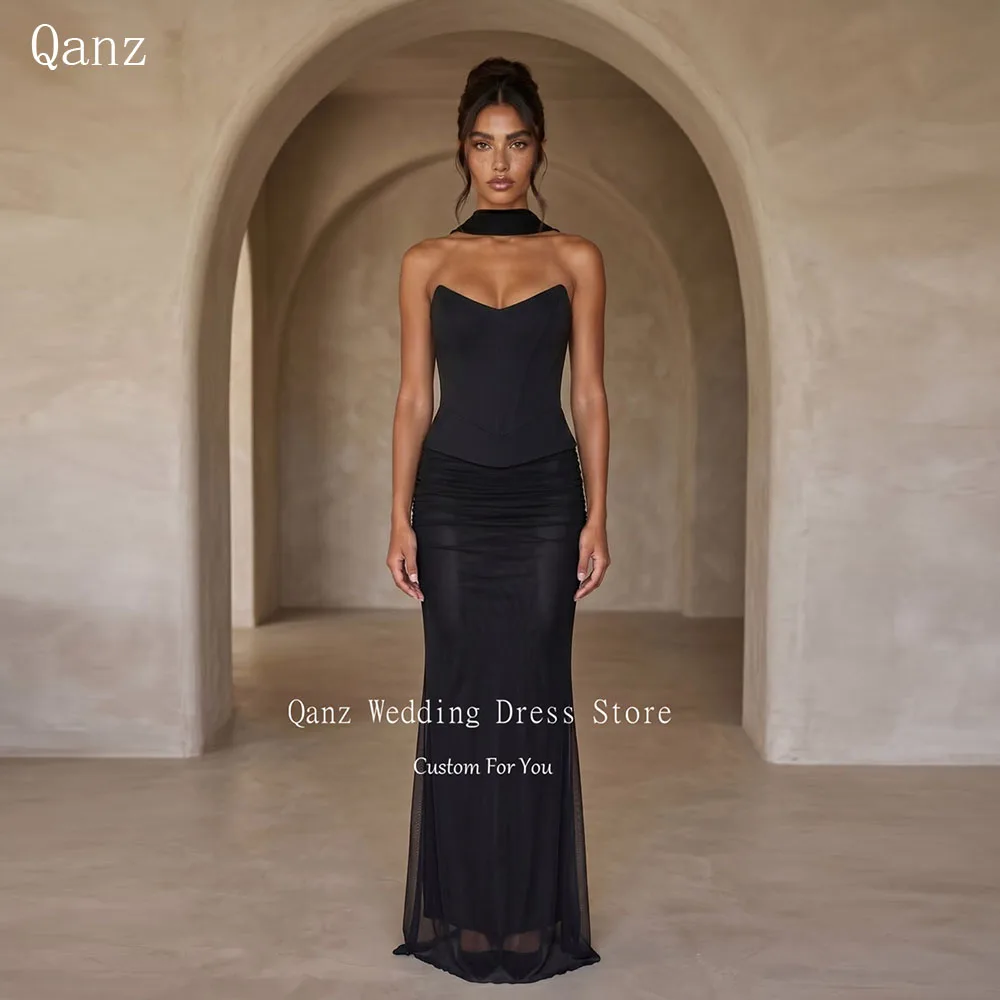 

Qanz Black Two Pieces Evening Dress Mermaid Backless Ruched Women's Wedding Party Attire Vestidos De Fiesta Elegantes Customized