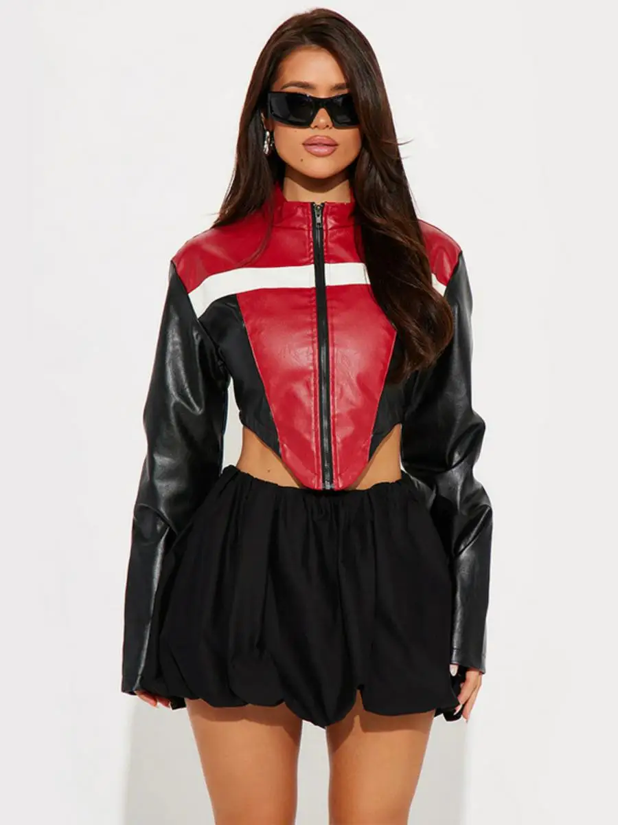 

Новая кожаная куртка-ветровка в стиле мотоциклетной одежды, длинная, с цветными вставками, для стильных девушек, на молнии