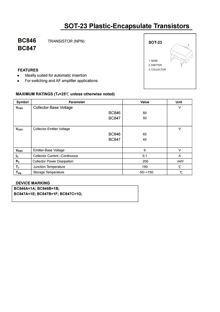 3000 Stück BC846A 1A BC846B 1B BC847A 1E BC847B 1F BC847C 1G SOT23 SMD NPN 45V 65V 100mA 0,1A Transistoren BC847 BC846 – Detail 1