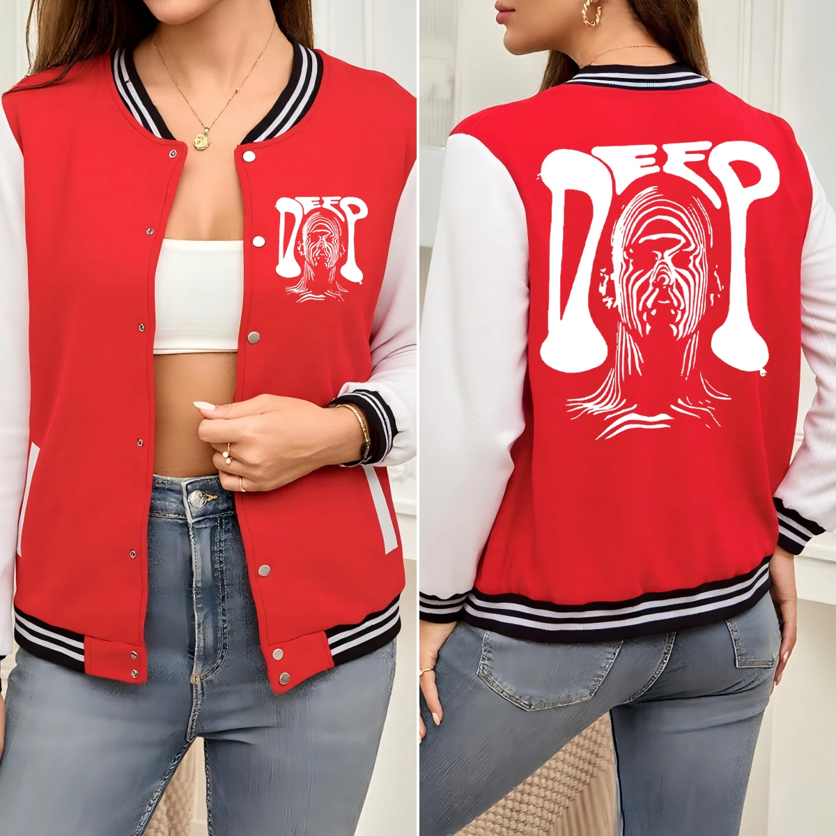 

Deep Interesting Model Print Women Baseball Uniform Hip Hop Soft Jacket Autumn Loose Clothes Colorful All-Match Streetwear