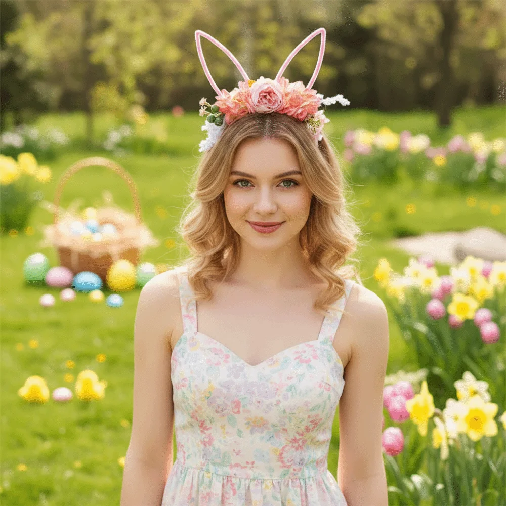 

Artificial Flower Easter Garland Forest Colorful Rabbit Ears Headband Floral Photography Props Bunny Ears Hair Hoop