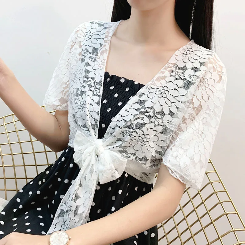 Korean Solid Color Lace Sunscreen Shawl Summer Thin Cardigan Blouses Women\'s Outer Jacket Neck Guard Cloak Sun Clothing R24