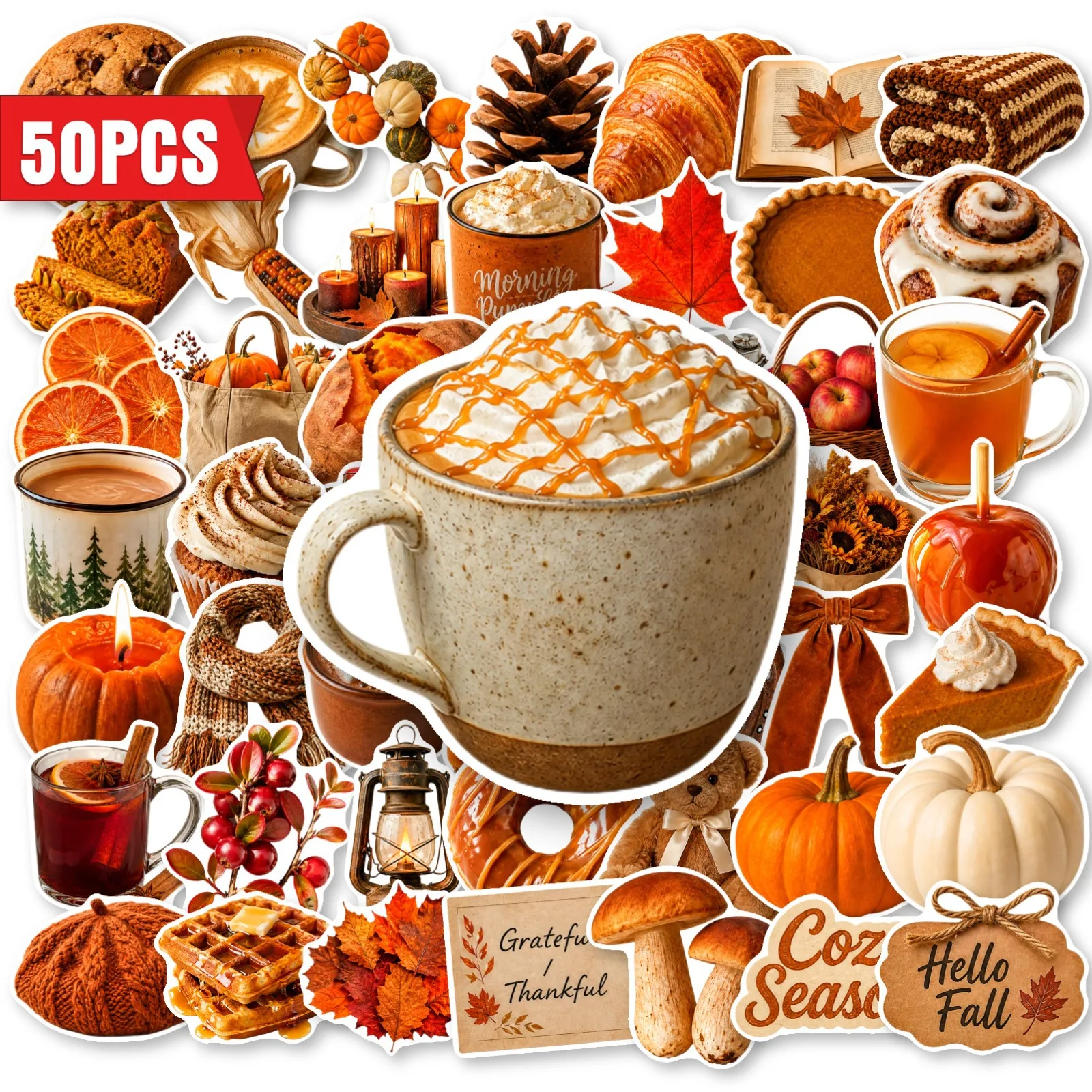 50 PCS Pumpkin & Coffee & Food Autumn Leisure Life Theme Stickers For Atmosphere Decoration Decorate Phone Window Vinyl Decals