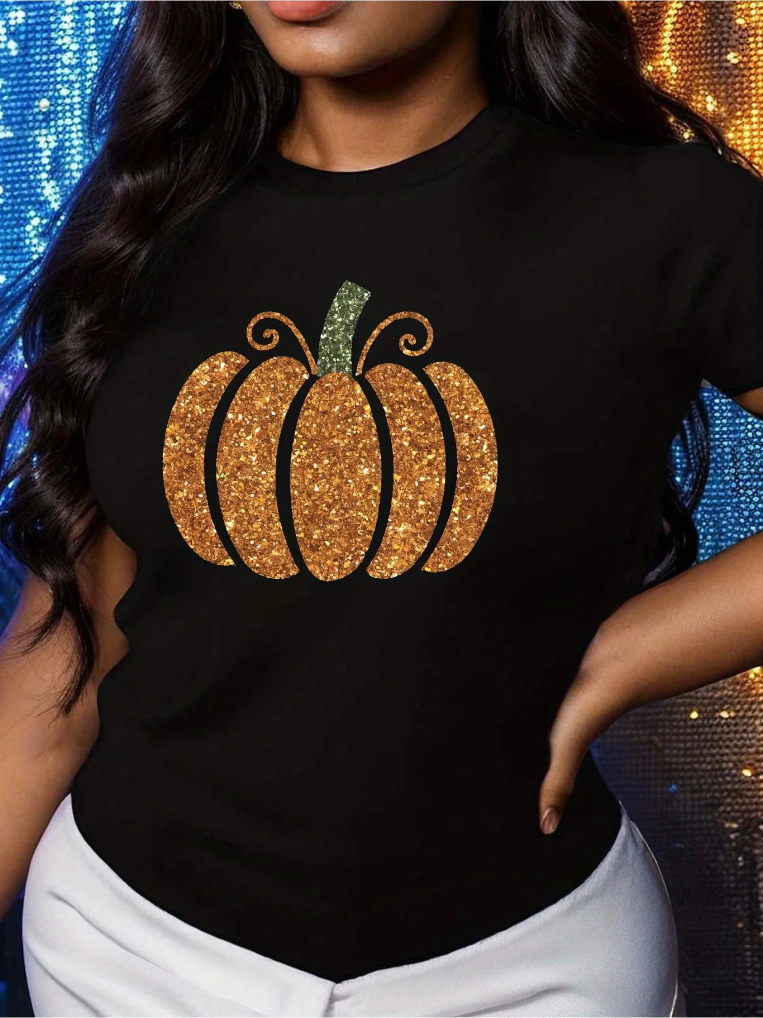 Plus Size Glittery Pumpkin Illustratie Pure Dames T-shirt Comfort Fit 0XL-4XL