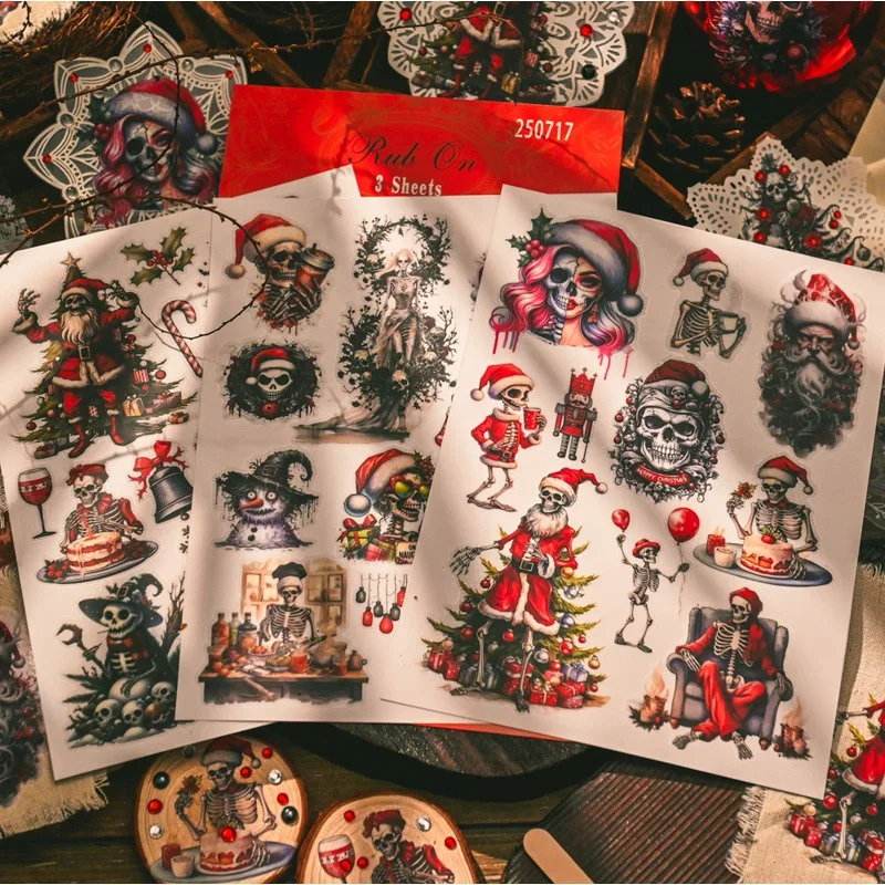 Cute Christmas Themed Rub On Sticker Ghost Skeleton Xmas Hat Dress Pattern Scrapbooking Deco Card Making Transfer Stickers