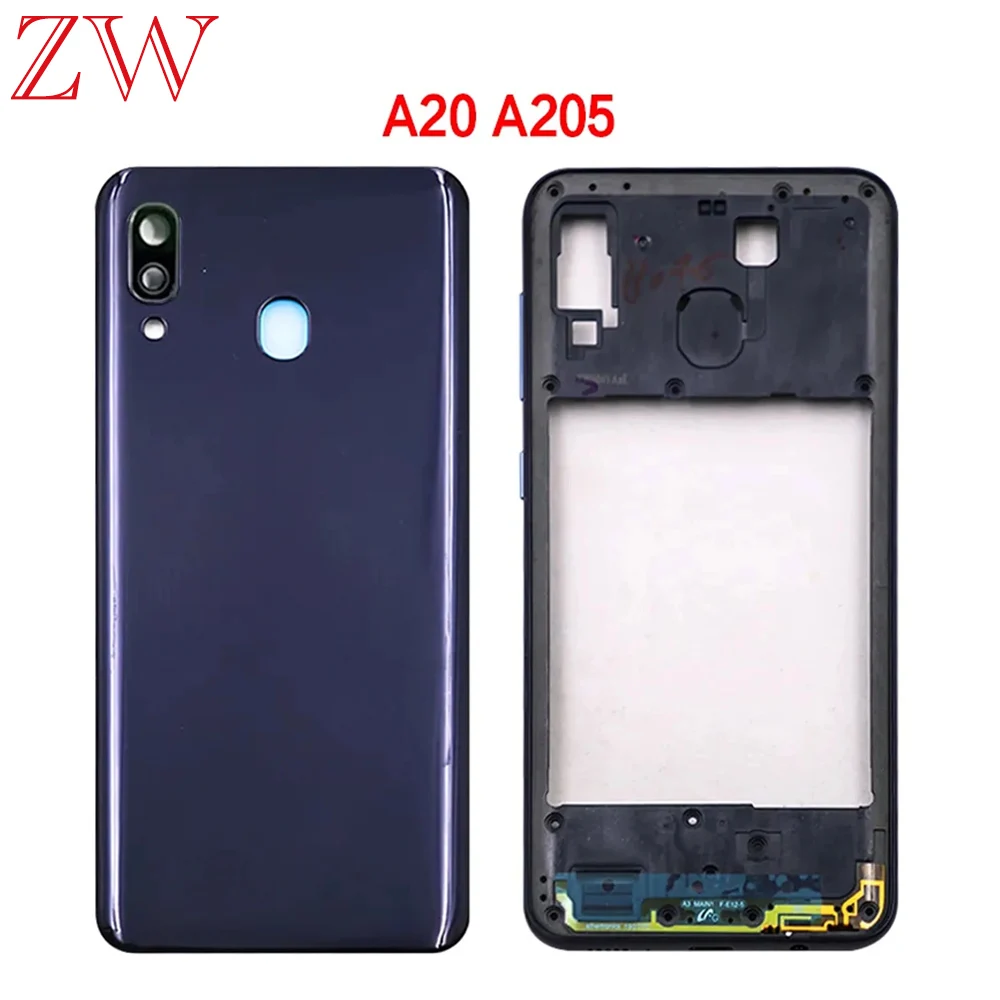 For Samsung Galaxy A20 A205 SM-A205F A205DS Middle Frame Bezel Battery Back Cover Rear Door Add Camera Lens Full Housing Case