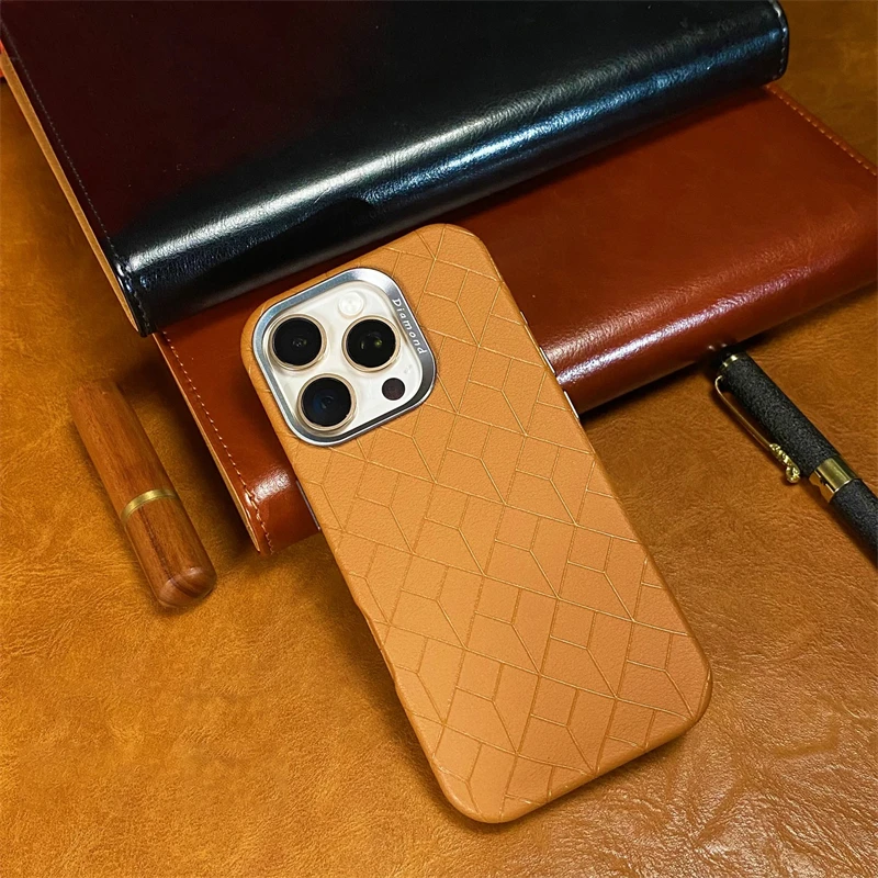 

Luxury Plain Leather MagSafe Phone Case For iPhone 12 13 14 15 16 Pro Max Magnetic Wireless Charging Metal Lens Shockproof Cover