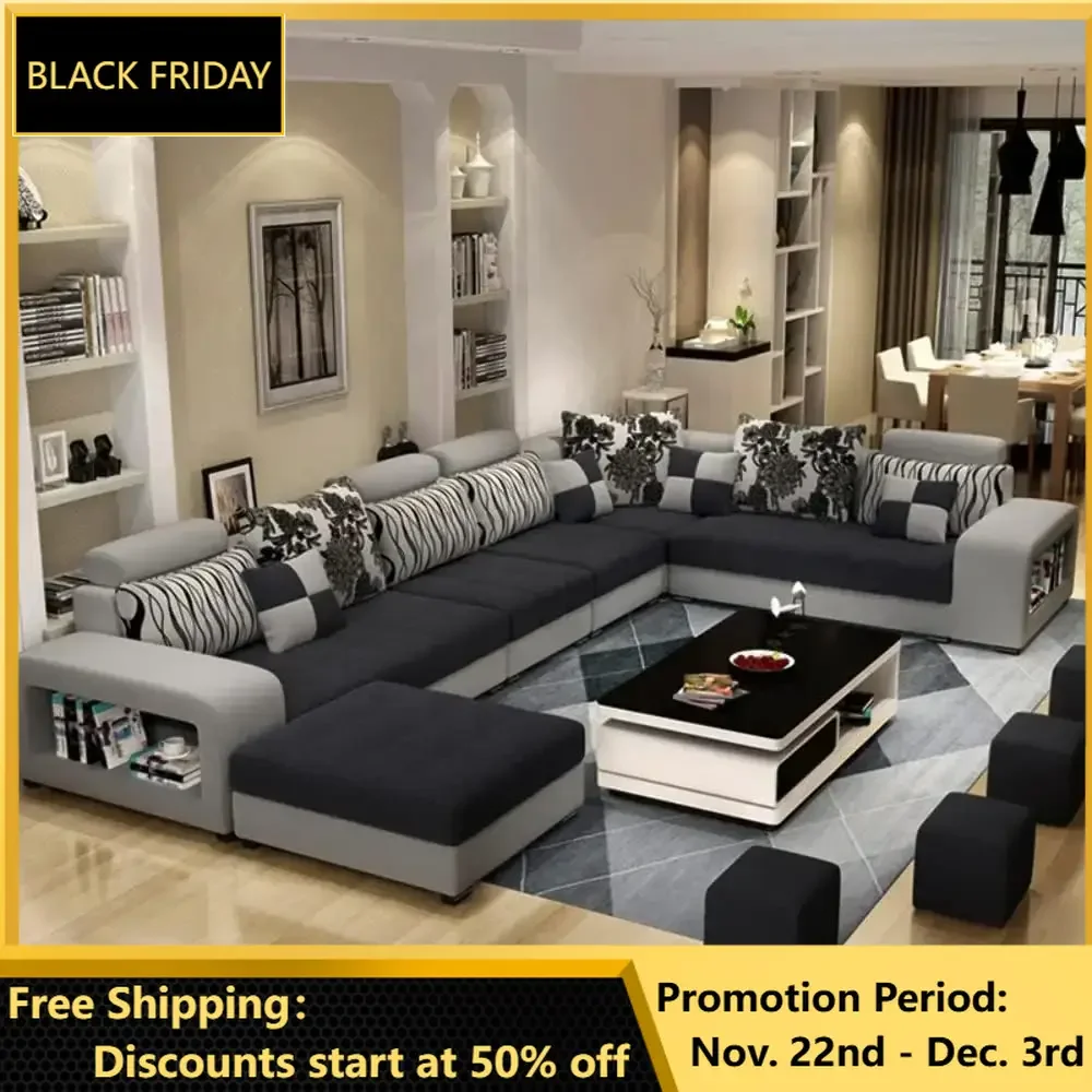 

Living Room Sofas Set, Luxury USB Charging 7 Seater Modern European Fabric Dark Grey 360 * 240 * 176 Cm, Luxury Sofas Sets