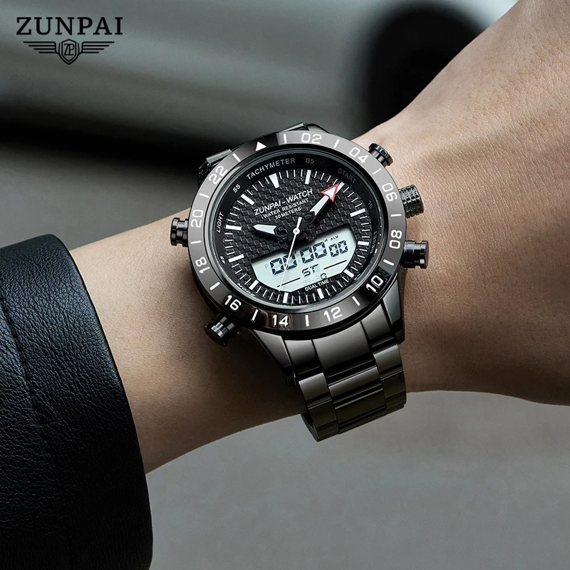 ZUNPAI Original Men\'s Watch Waterproof Stainless Steel Sports Watch Quartz Analog LED Digital Clock Military Top Brand Luxury