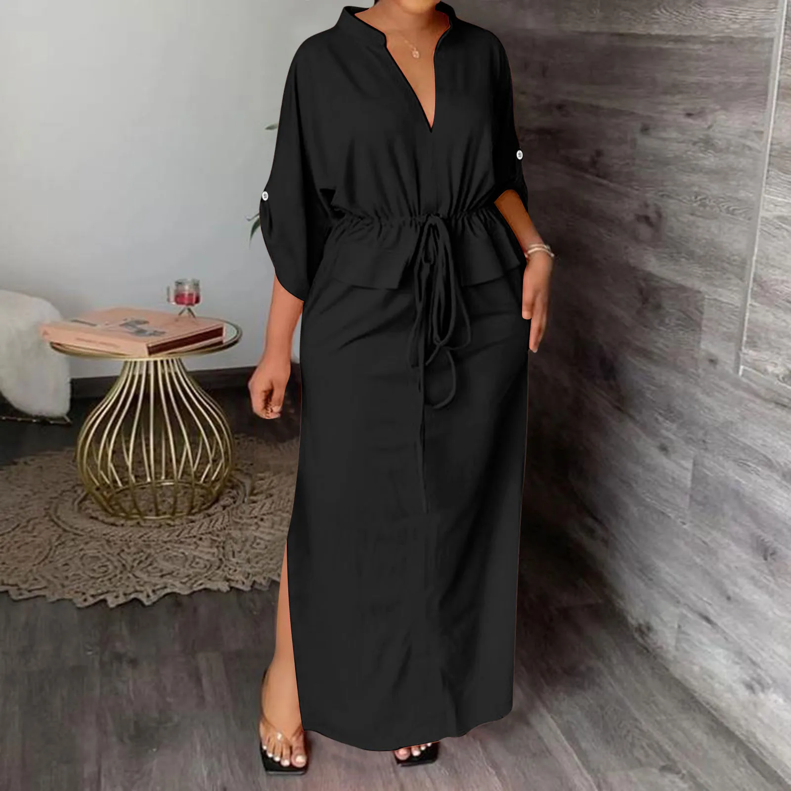 Casual Shirt Dress For Women Notched V Neck Stand Collar Button Down Belted Maxi Dresses Women Elegant Vestidos Autumn Robes