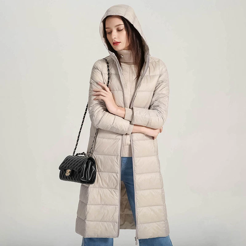 

Новая женская ультралегкая длинная куртка из белого утиного пуха с капюшоном, повседневная, приталенная, для осени и зимы