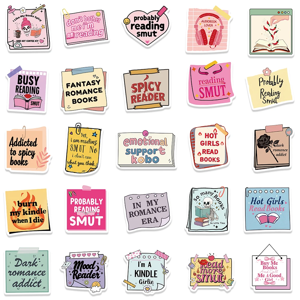 50pcs Funny Cartoon Reading Book Note Stickers Bookish Sticker For Luggage Laptop Guitar Phone Waterproof Vinyl Decals