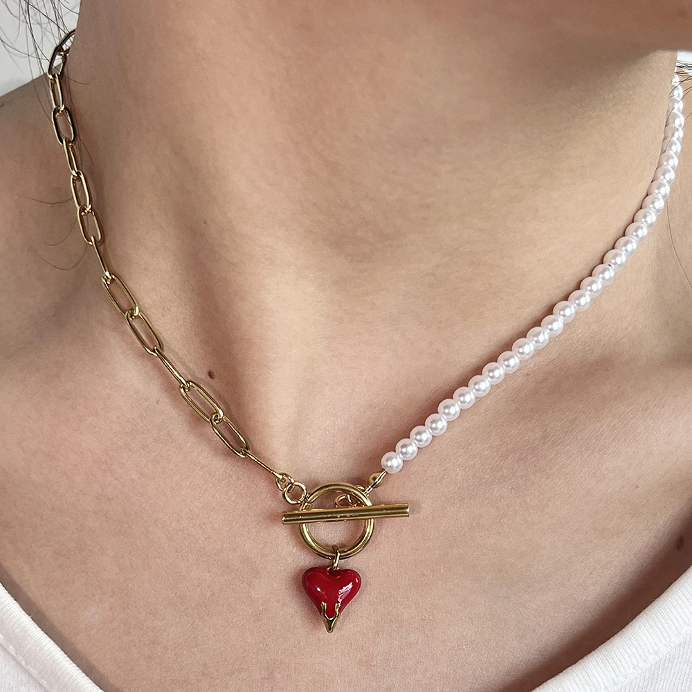 

Sweet Rose Fruit Red Heart Enamel Pendant Necklace Half Pearl Half Paperclip Chain OT Clasp Stainless Steel Women Accessories