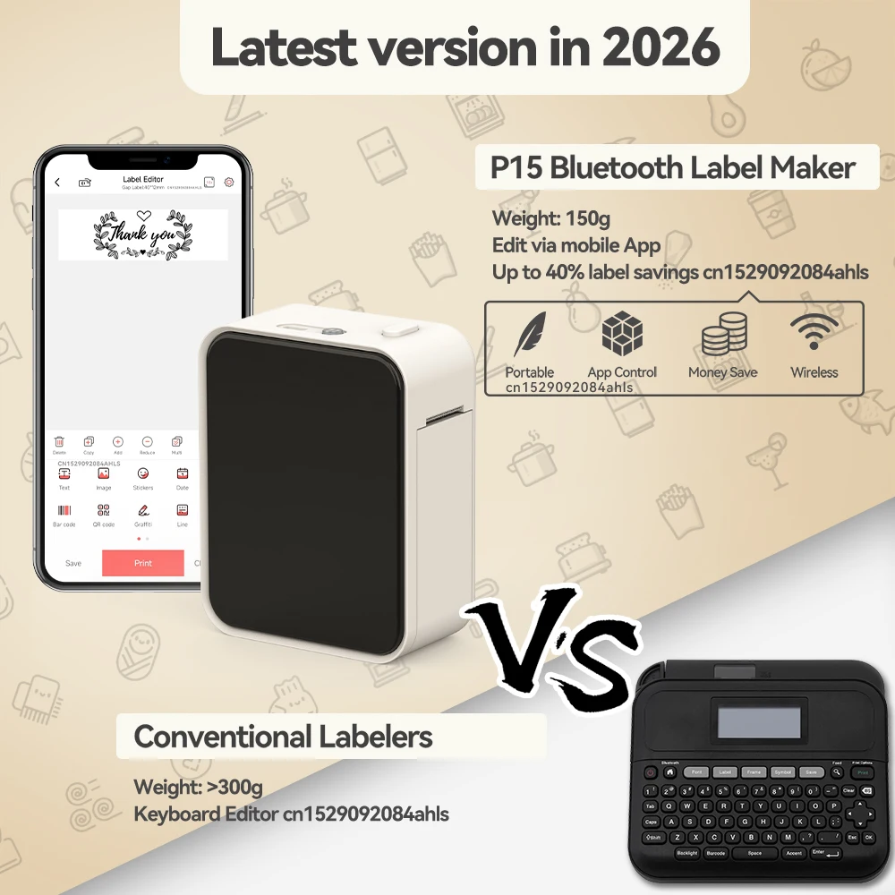 Portable Label Printer P15 Mini Printer Inkless Adhesive Sticker Thermal Printer Bluetooth Wireless Labeller or P15 Paper Roll