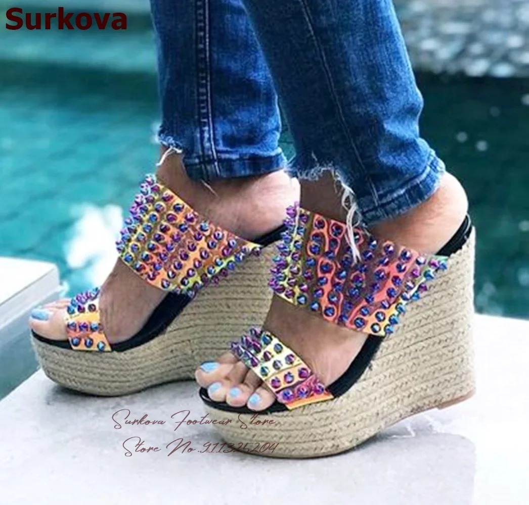 

Surkova Rope Braided Wedged Heel Rivets Sandals Open Toe Platform Plaited Hologram Iridescent PVC Spikes Slippers Dress Shoes