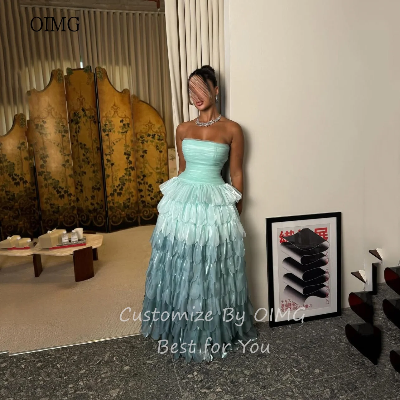 فستان سهرة من OIMG متدرج اللون على شكل حرف A فساتين حفلات بدون حمالات بطول الأرض فستان سهرة من vestidos de festa مخصص