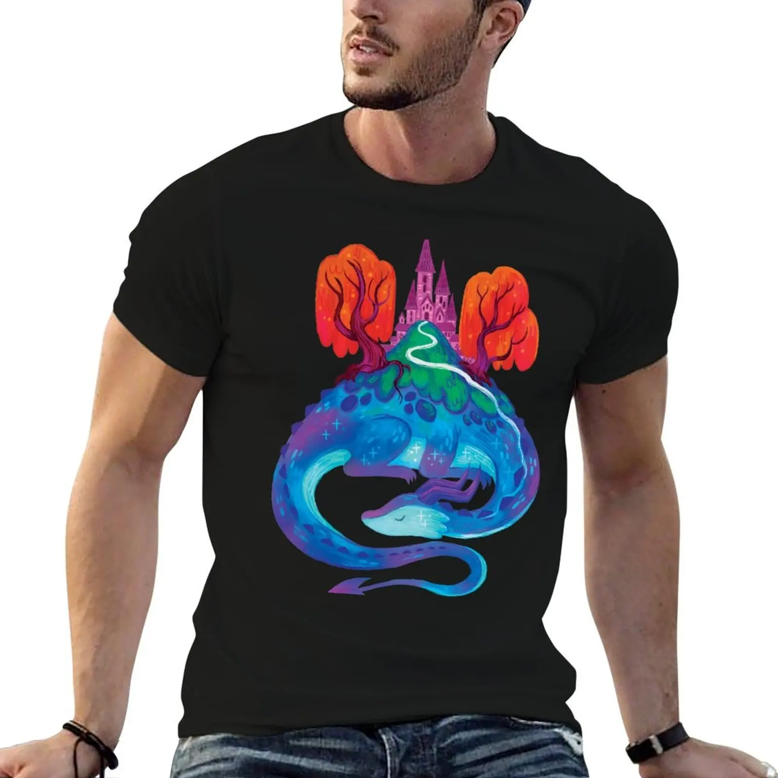Sleepy Magical Dragon Mountain T-Shirt vintage graphic tee quick drying men clothes