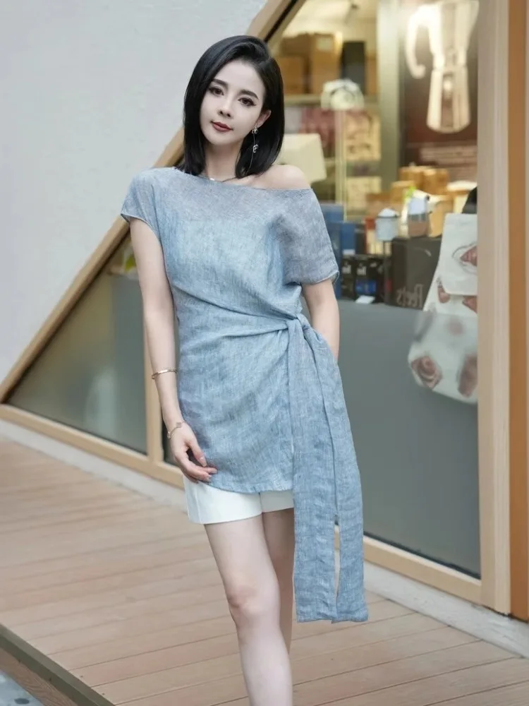여름 럭셔리 블루 린넨 탑과 화이트 반바지 투피스 세트 여성 패션 허리 컷아웃 의상 엘레앤슬리 앙상블