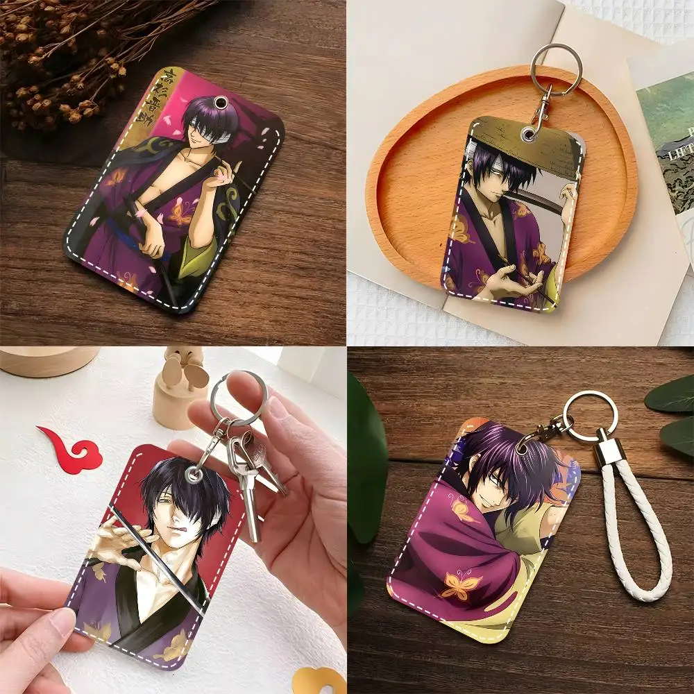 Takasugi Shinsuke Anime Cartoon Characters Card Case Keychain Access Card Bag Key Tag Ring Leather Card Holder Key Ring Access