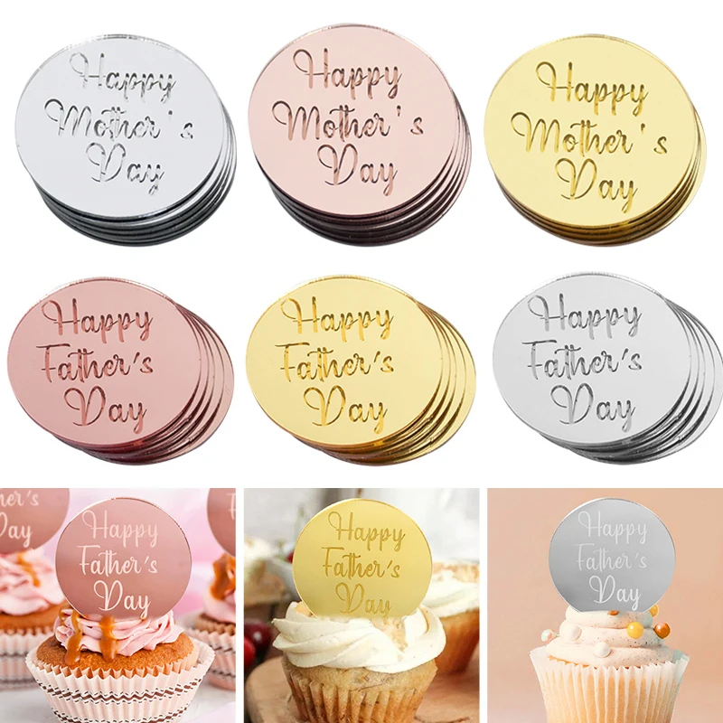 

10pcs Happy Mother's Day Father's Day Cupcake Toppers Mirror Acrylic Father Cake Toppers For Mom/Dad Birthday Party Cake Decor