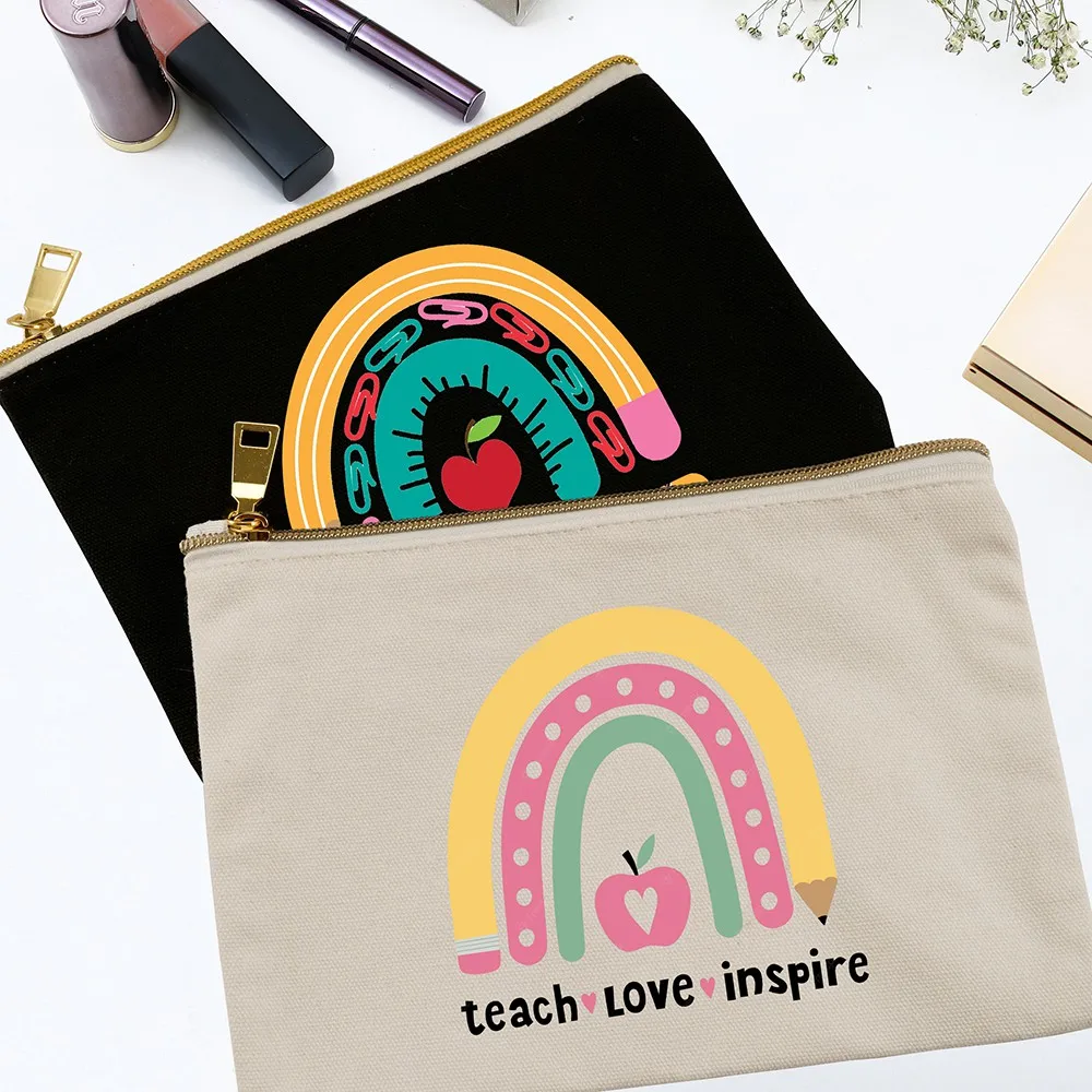 Bolsa de maquillaje con estampado de arcoíris para mujer, estuches de lona con cremallera, a la moda