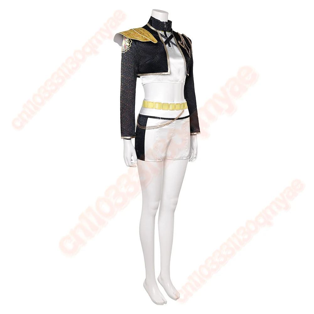Kpop Disguise Hunters 루미 코스프레 의상 성인 여성 악마 조끼 코트 반바지 체인 벨트 의상 할로윈 카니발 파티 슈트