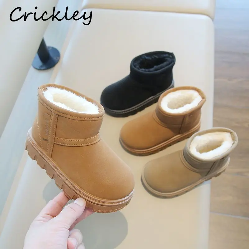Inverno sólido crianças botas de neve couro do plutônio pelúcia quente grosso meninos meninas tornozelo sapatos deslizamento em fundo macio da criança crianças botas