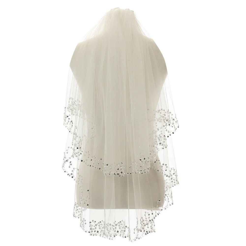 Voile de mariage blanc ivoire à 2 niveaux, accessoire de mariage, longueur sur mesure, bord à paillettes, voile de mariée court avec peigne en métal, en Stock