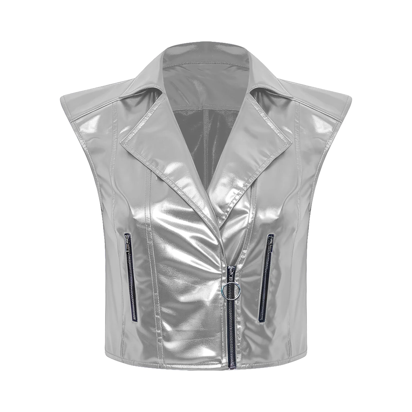 Women Sleeveless Waistcoat Punk Jazz Motorcycle Tank Top Metallic Club Vest Rave Party Clothes Notched Lapel V Neck Front Zipper