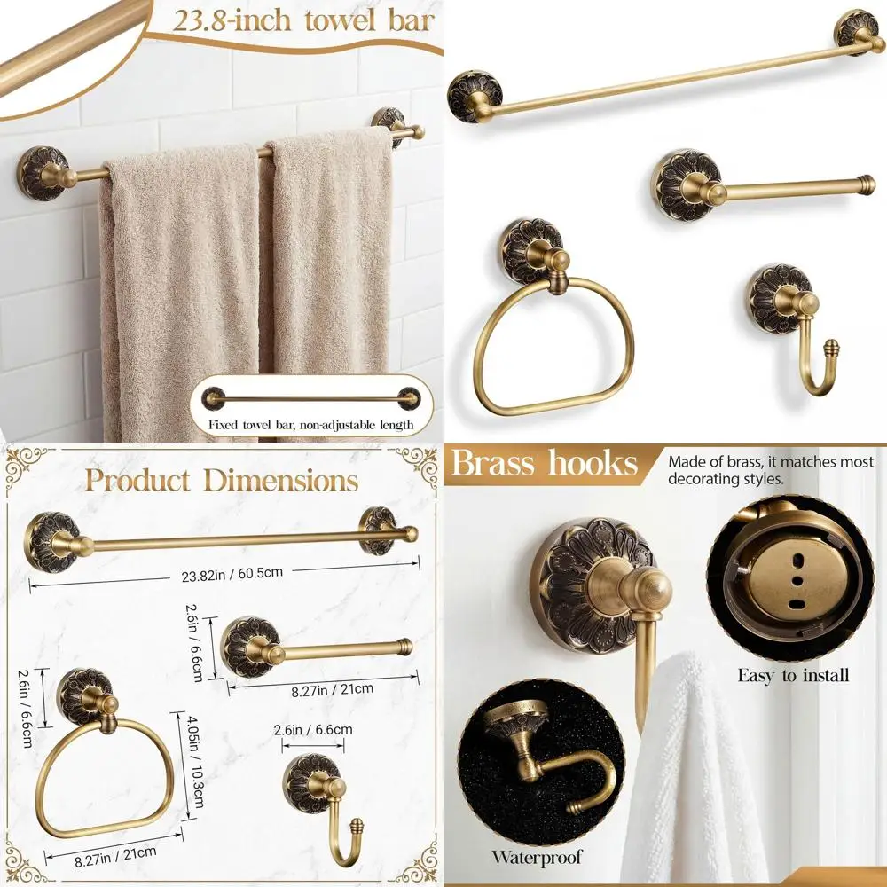 

Vintage Brass Bathroom Hardware Set, 24 Wall-Mounted Towel Bar, Toilet Paper Holder, Hand Towel Holder, Robe Hook