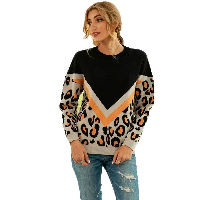 

Осень-зима леопардовый принт в стиле пэчворк V-Ne Long Sve женский пуловер с экипажем Ne свитер Base irt Commute Sle Faion