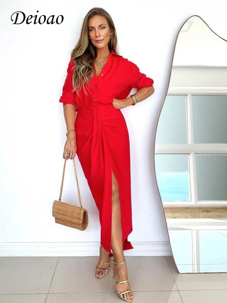 

Deioao Elegant Fashion 2 Pieces Sets Summer For Women Bodycon Long Sleeve lapel Slit Lace up Luxury Female Clothing 2024