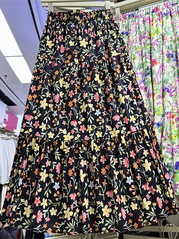 

Хлопковая юбка в стиле ретро с милым цветочным принтом, женская весна-лето, новая юбка с эластичной резинкой на талии, маленький размер f, юбка трапециевидной формы с принтом