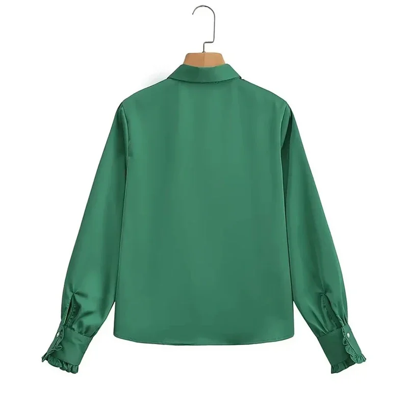 2023 Spring Autumn Ruffled Design Elegant Blouse Women New Long Sleeve Lapel Woman Shirt Solid Female Satin Loose Tops 30442