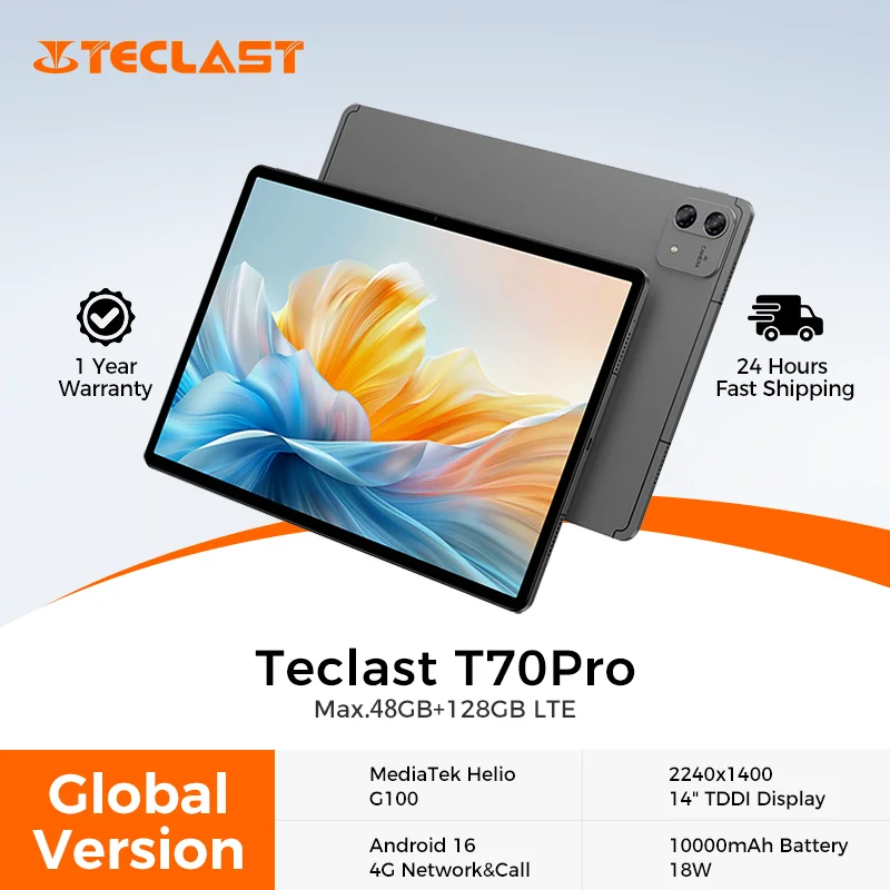 Teclast T70 Pro 14インチ 2.2K TDDI MTK Helio G100 CPU 8GB RAM+40GB拡張メモリ+128GB ROM 10000mAh 18W 4G LTE Android 16 タブレットPC