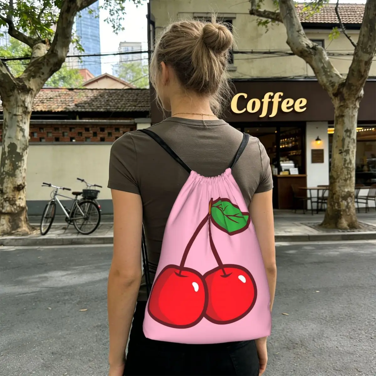 

Cartoon Cherry Pattern Backpacks Multi-function Drawstring Bags Sports Bag Book Bags for Man Woman School