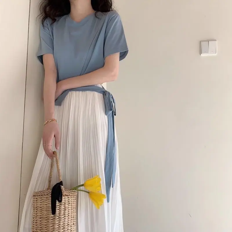 Niche Trendy Summer Women Short Length Tie Strap Irregular Top Subtle Design Student T Shirt 2026 New Arrival