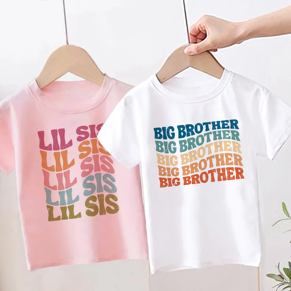 Big Brothes Little Sister Print  Kid T-shirt for Boy Girl Matching Outfit Tops Summer Sibling T Shirt Retro Children Clothes Tee