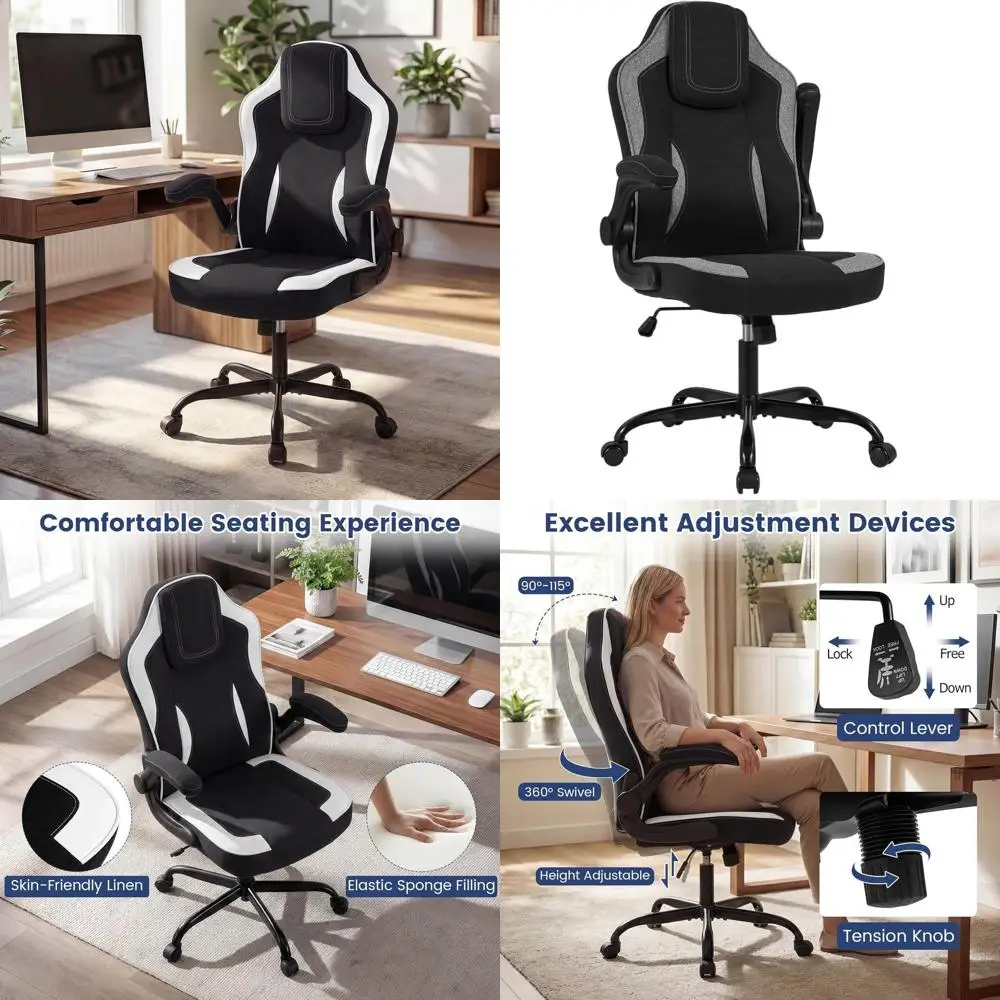 

Регулируемое эргономичное поворотное кресло с откидными подлокотниками для домашнего офиса и игр - белый/черный