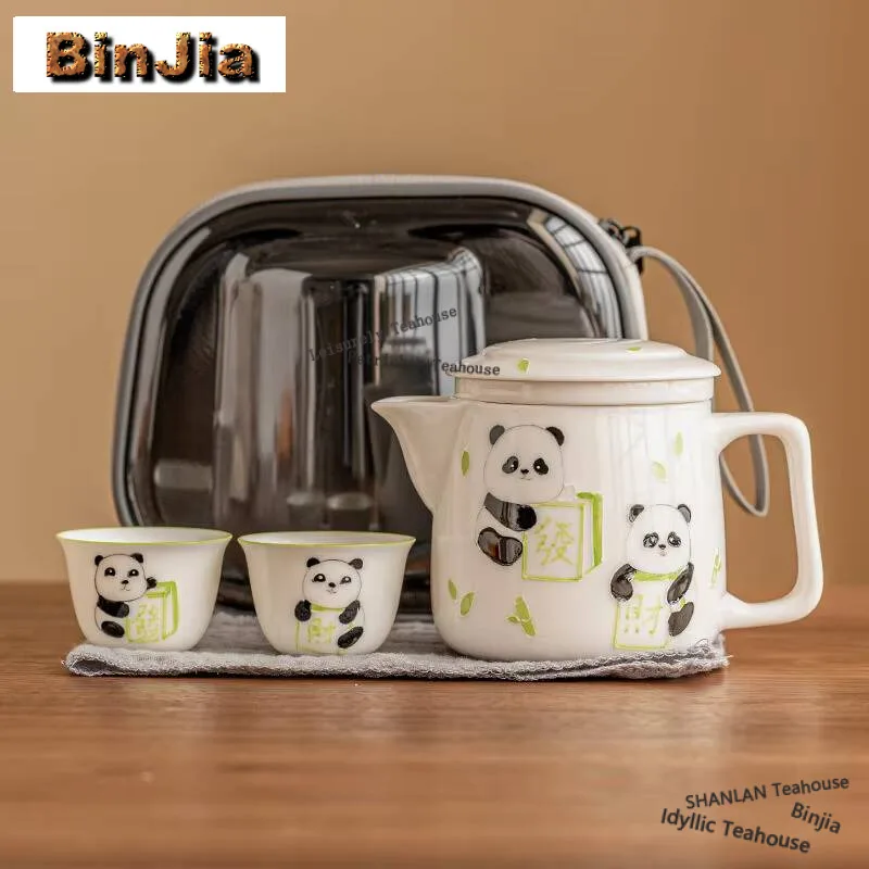 Hand Drawn Panda Fortune Tea Set Kit Luxury 1 Pot 2 Cups Tea Making Outdoor Portable Travel Tote Bag Tea Services Supplies Craft