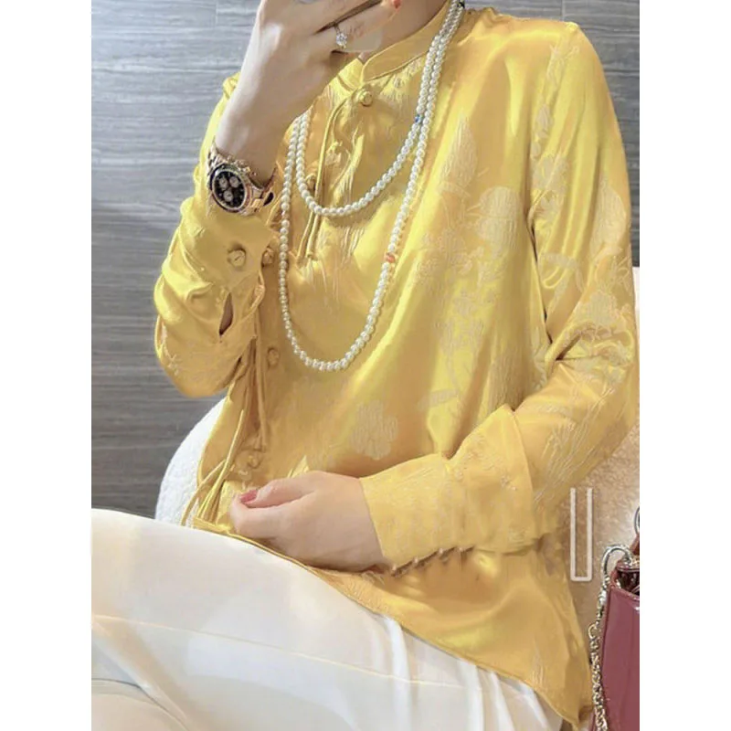 Chinese Style 2024 Autumn New Women\'s Stand Collar Button Tassel Embroidery Blouse Elegant Loose Long Sleeve Asymmetrical Shirt