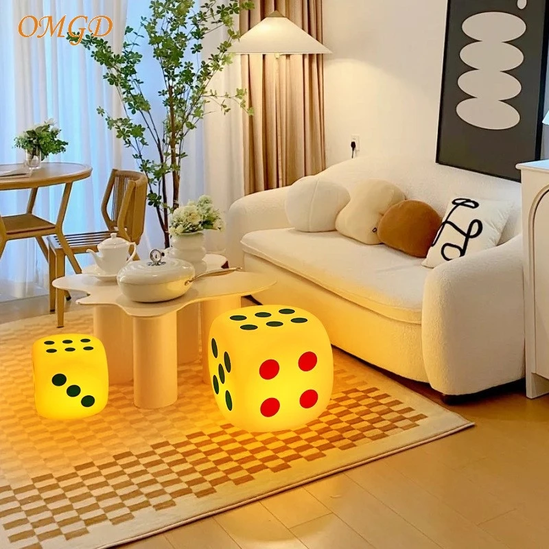 OMGD Glowing Dice Floor Lamp Play Dice Stool Living Room Bedroom Sofa Beside All-in-One Rechargeable Ambient Table Lamps News