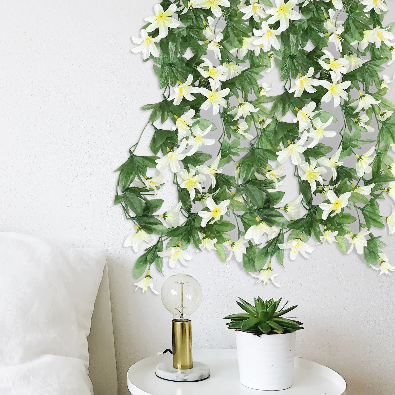 

2 Pcs White Simulated Lily Flower Vine Artificial Silk Flowers Home Office Decor Hanging Lily Vines Garden Ornament