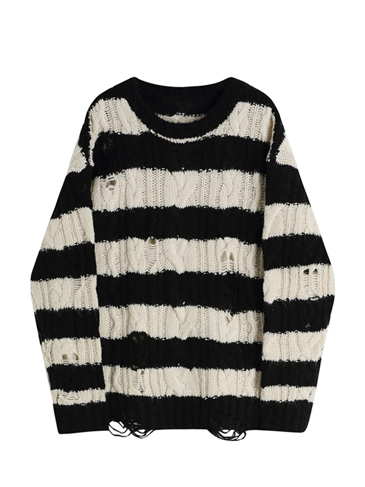 

Autumn Winter Women Y2k Baddie Style Oversize Jumper Sweater O-Neck Knitwear Striped 2000s Aesthetic Grunge Thick Contrast Color