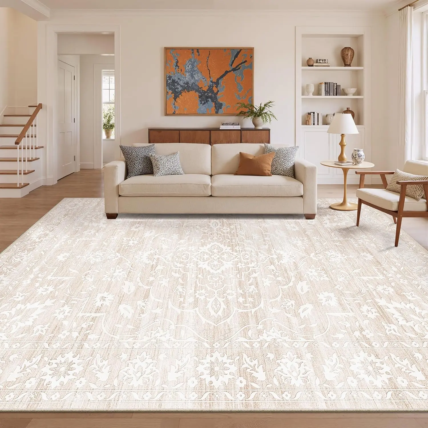 

10x14 Washable Area Rug Vintage Floral Non-Slip Soft for Living Room Bedroom Home Decor Beige
